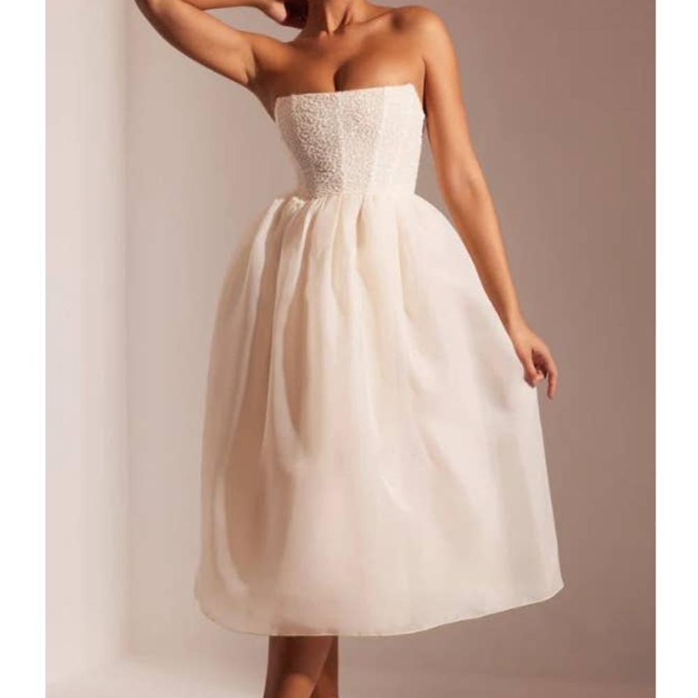Oh Polly Rosette Embellished Corset Tulle Skirt Midi Dress Ivory Women's US 2